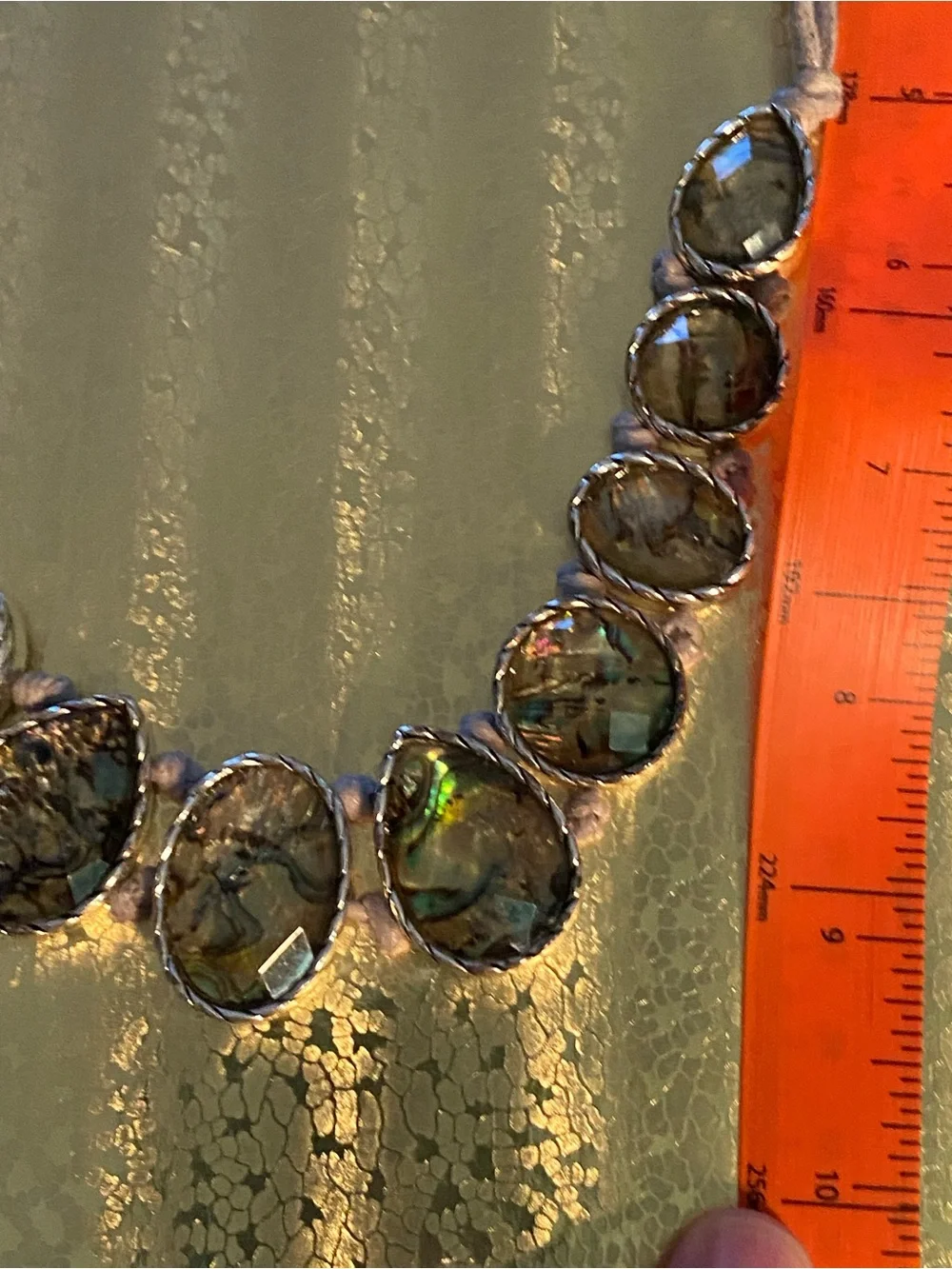 Abalone Shell Statement Necklace - Iridescent Green, Blue & Silver Corded
